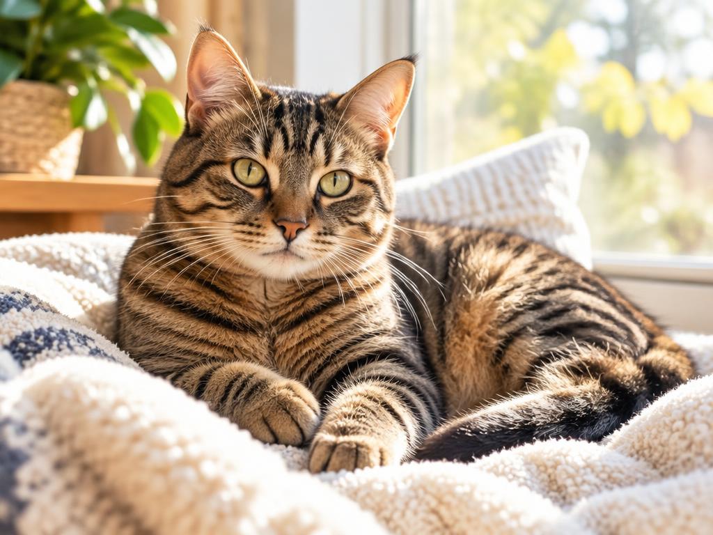 A tabby cat resting on a soft blanket by the window