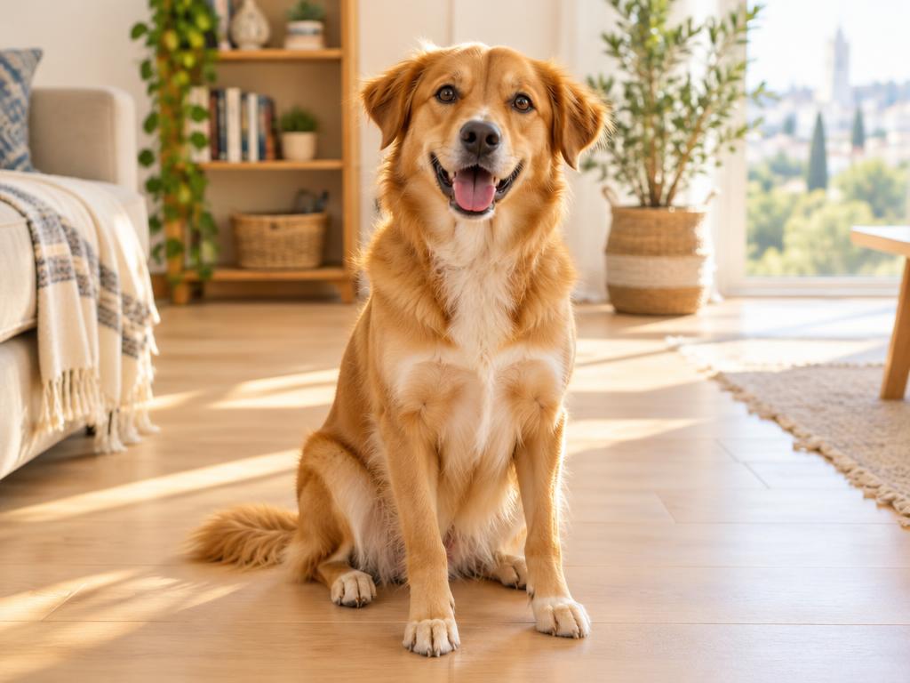 A happy golden dog sitting on a wooden floor