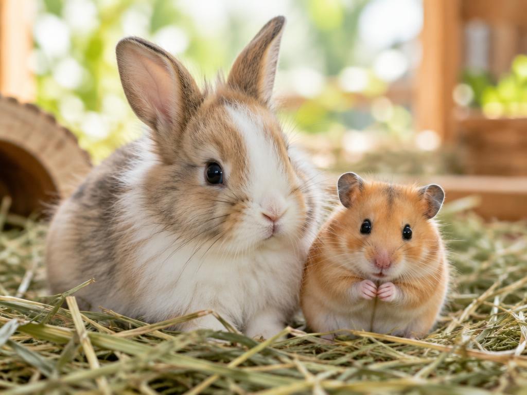 A small rabbit and a hamster sitting on hay